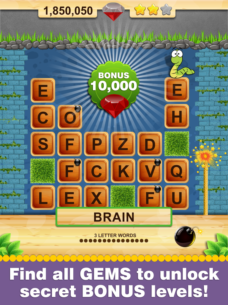 Word Wow screenshot with worm and letter tiles